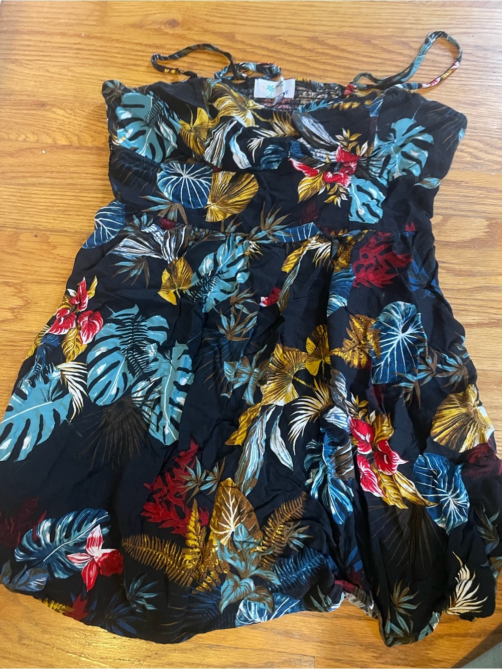 Vibe Black Tropical Print Sundress with Blue, Gold and Red Accents